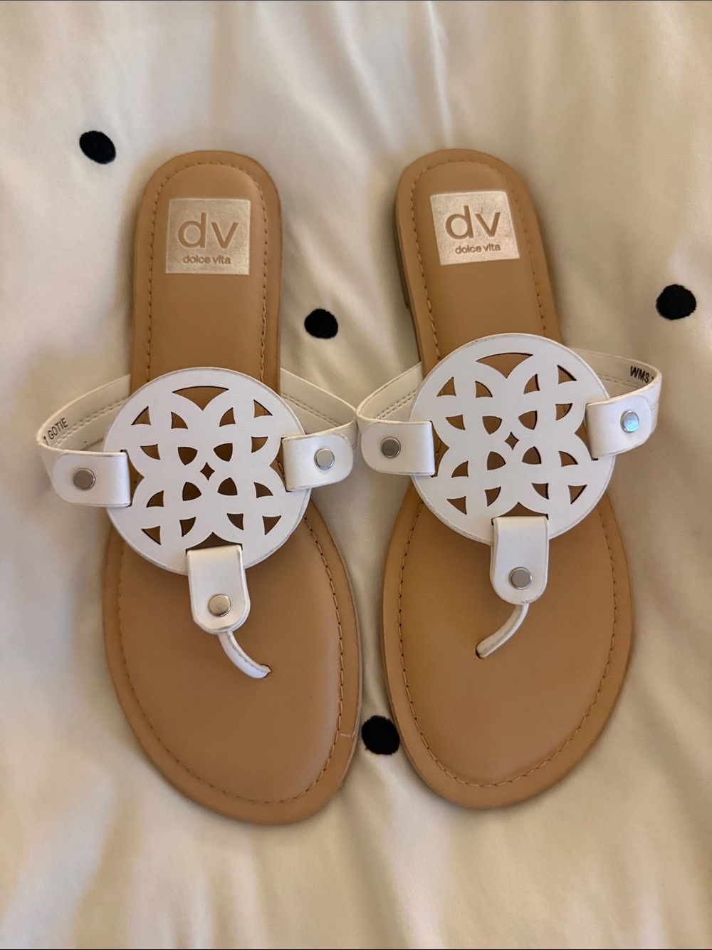 Dolce Vita White Cutout Medallion Toe-Post Sandals